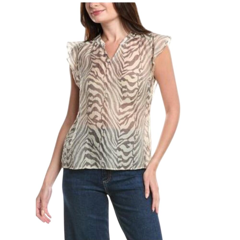 ⭐️Cabi Savannah Grayish Cream Zebra Animal Print Ruffled Blouse Sz L